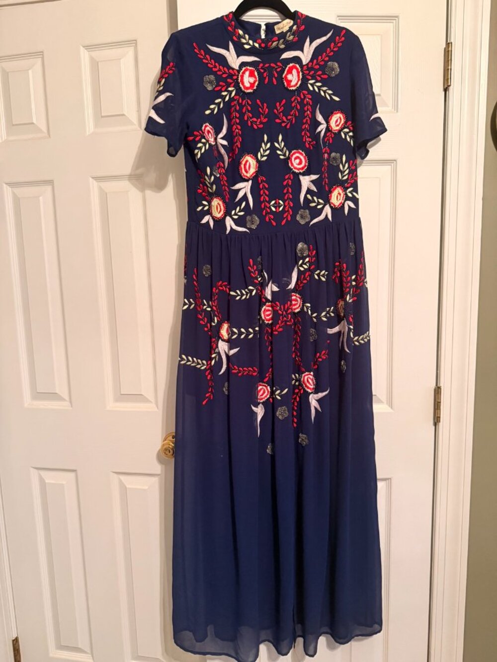 Frock and Frill Navy Embroidered Floral Maxi Dress, UK 14 (US 10)